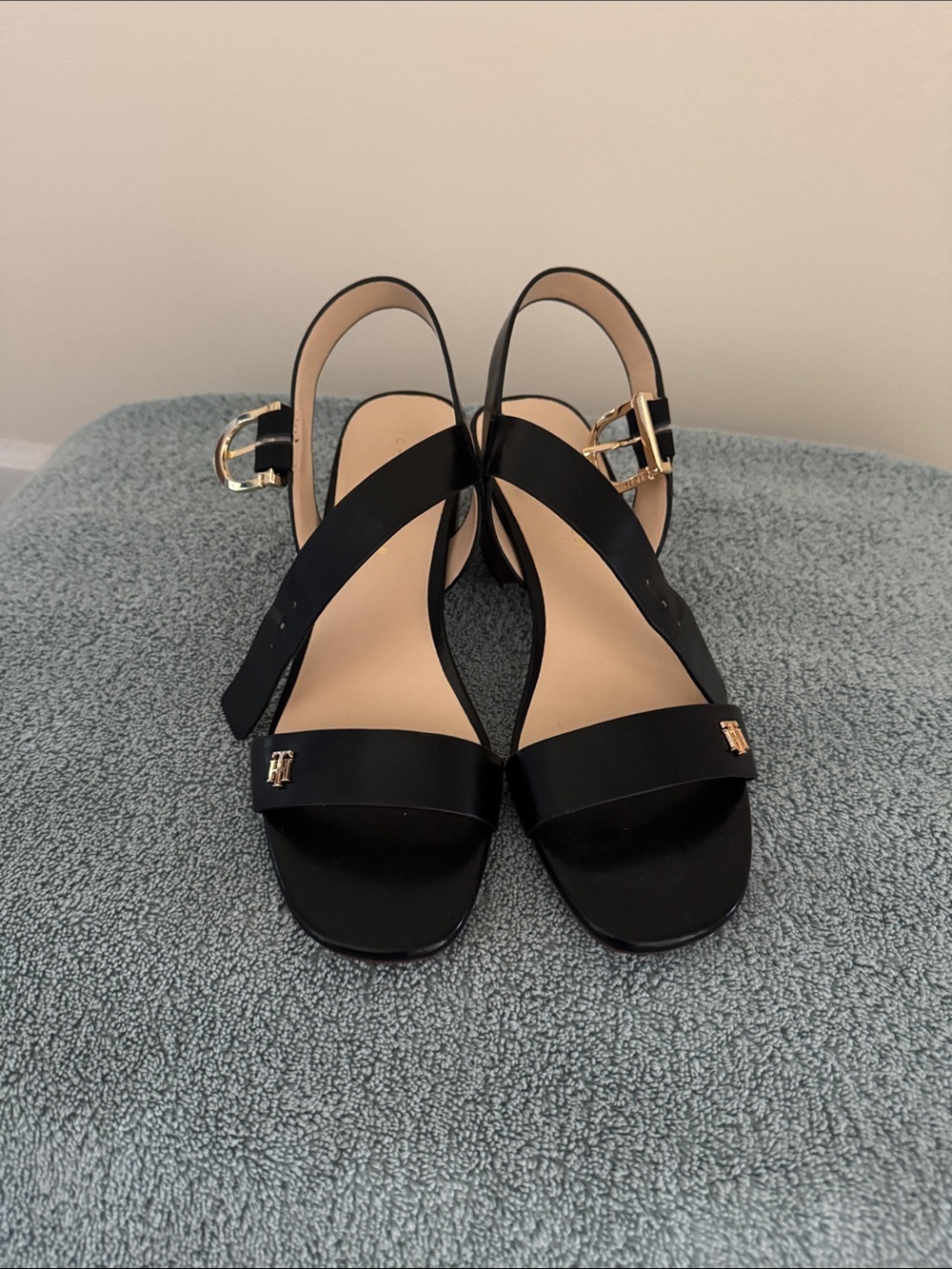 Tommy Hilfiger Black Slingback Sandals with Gold Buckle
